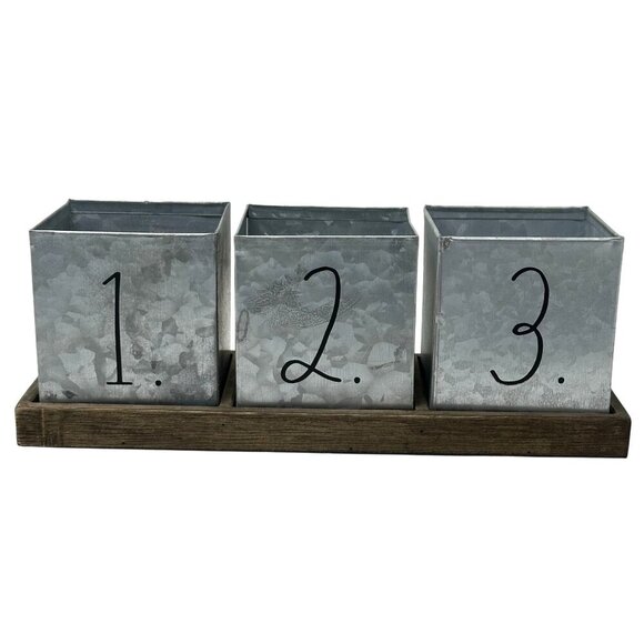 Rae Dunn Numbered Galvanized Tin Organizer with Wood Tray 1 2 3 College Office - Picture 1 of 12
